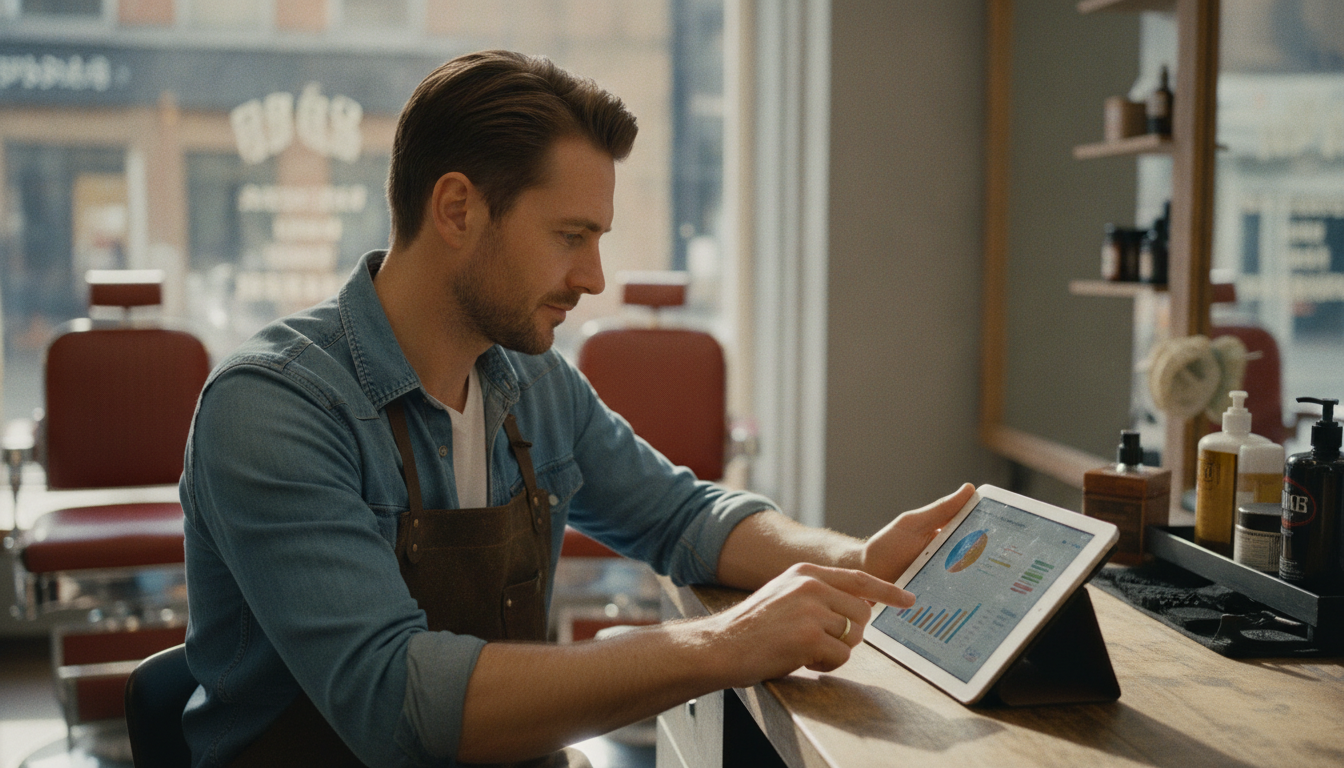 A barbershop owner reviewing customer visit data on a tablet at his reception counter