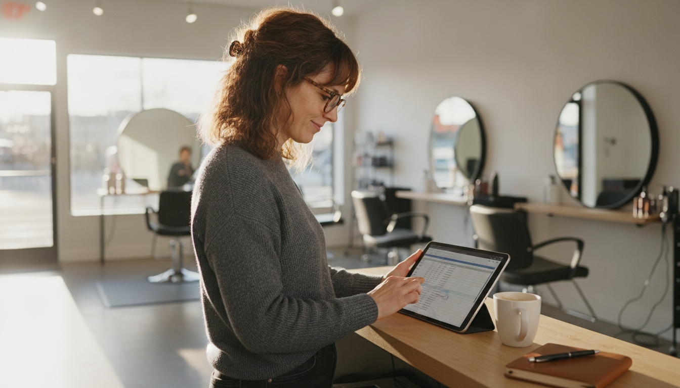 Hair salon owner reviewing her weekly social media content on a tablet at her salon reception