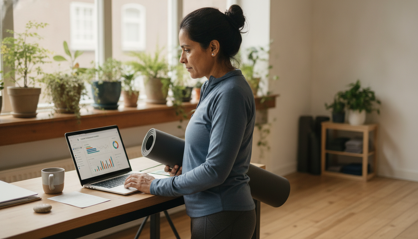 Yoga studio owner reviewing customer retention data on her laptop at the front desk
