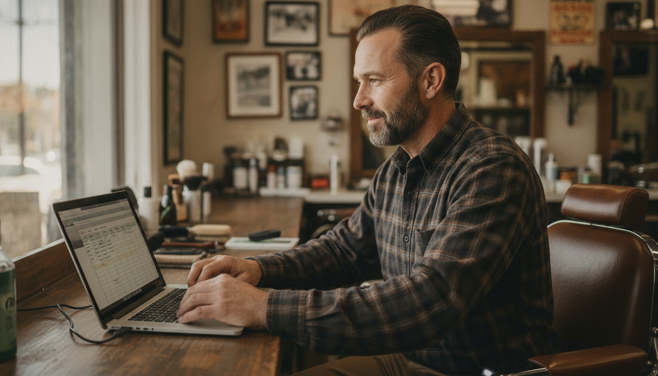 Barbershop owner reviewing customer visit cadence data on a laptop between appointments
