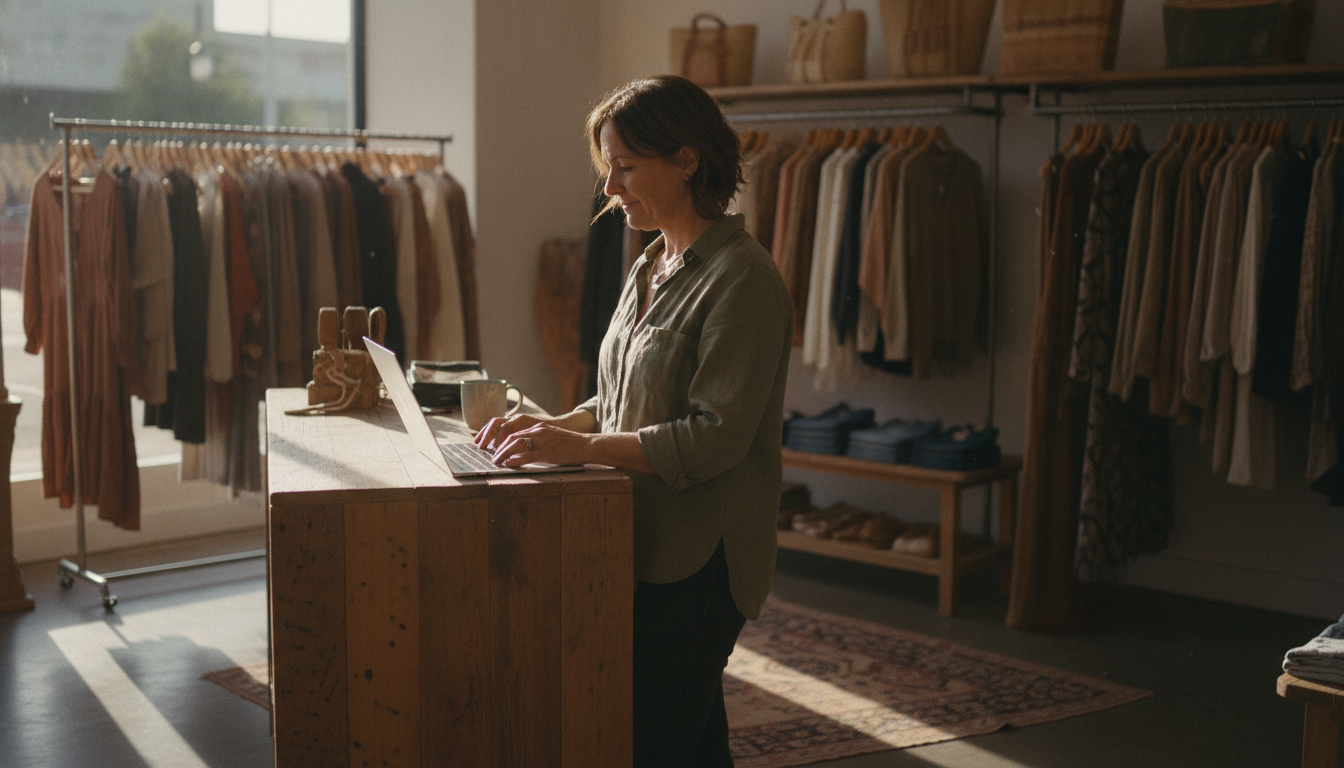 A boutique clothing store owner reviewing customer transaction data on her laptop behind the counter