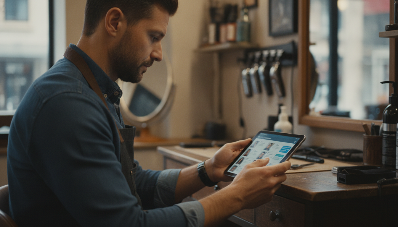 Barbershop owner reviewing customer reactivation messages on a tablet between appointments
