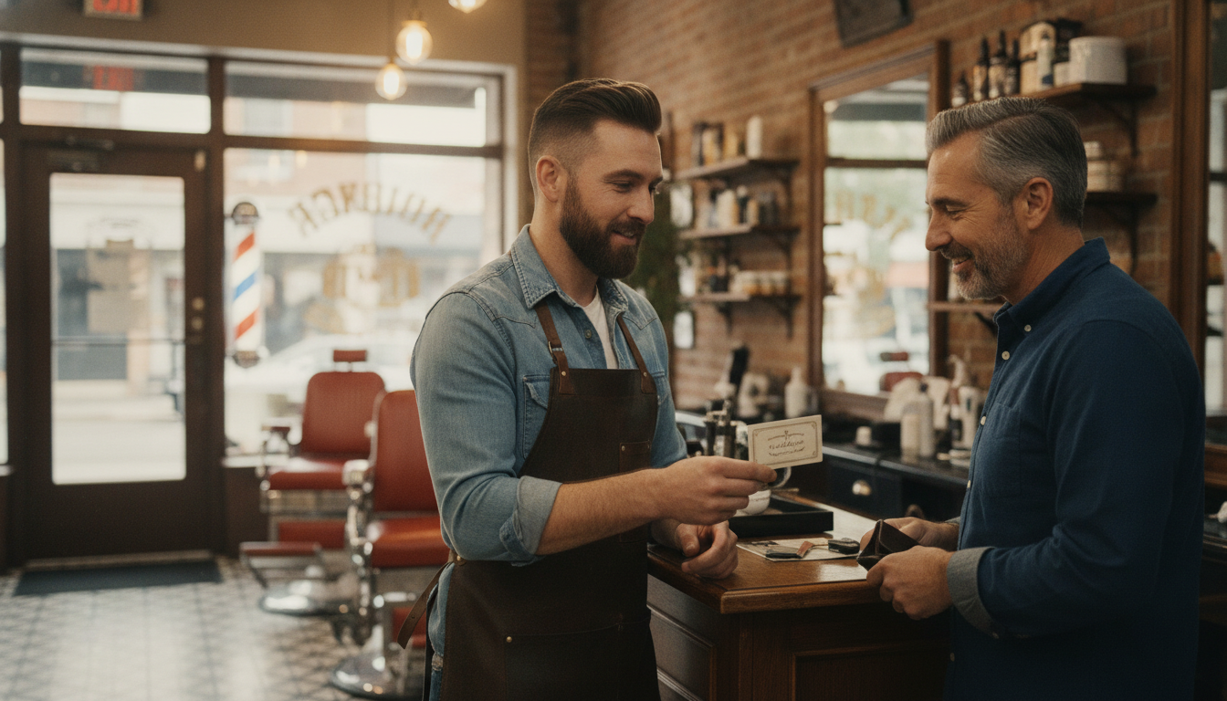 Barbershop owner presenting a gift card to a customer at the front desk after a haircut