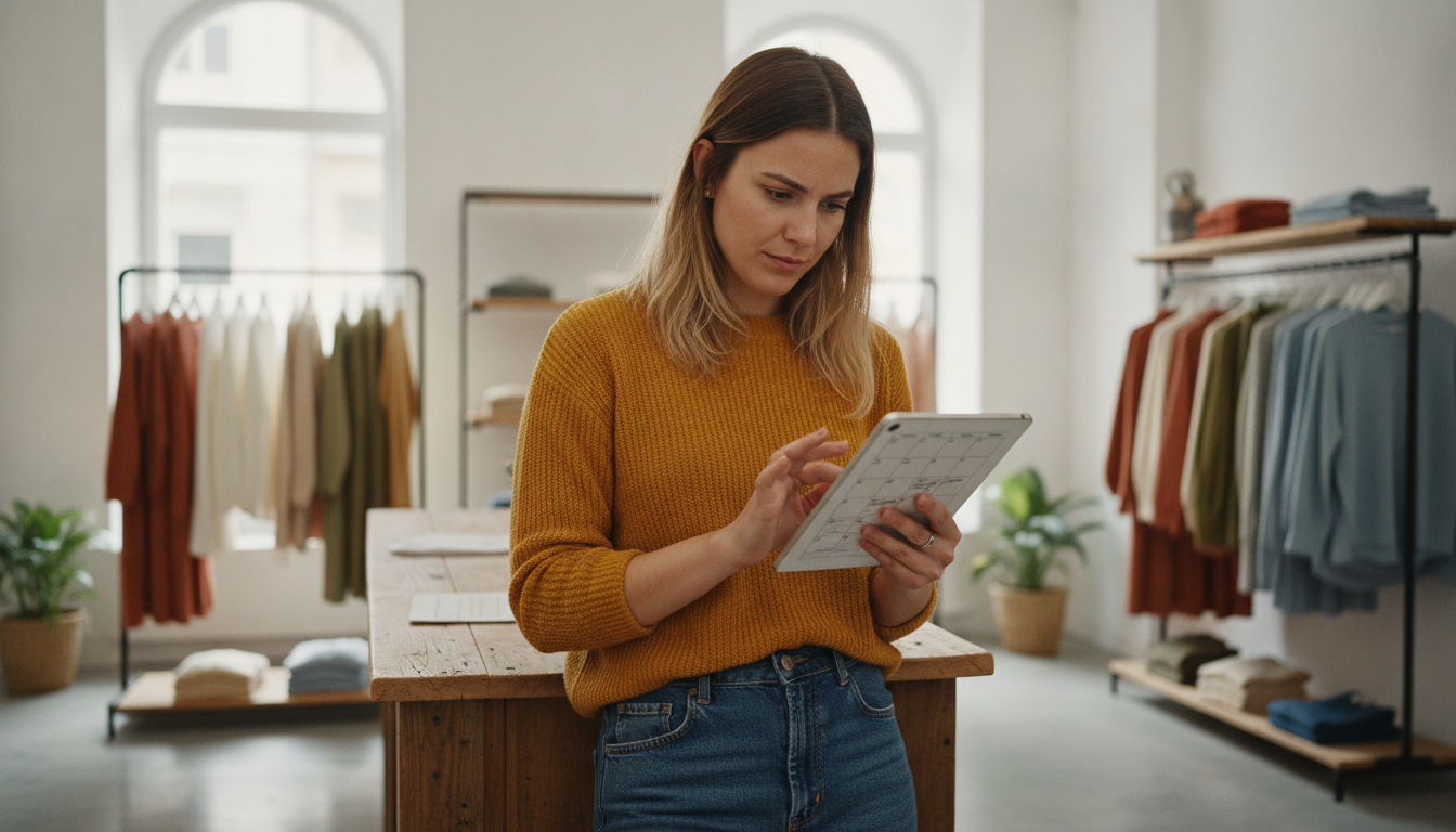 Boutique owner reviewing her weekly marketing plan at her counter