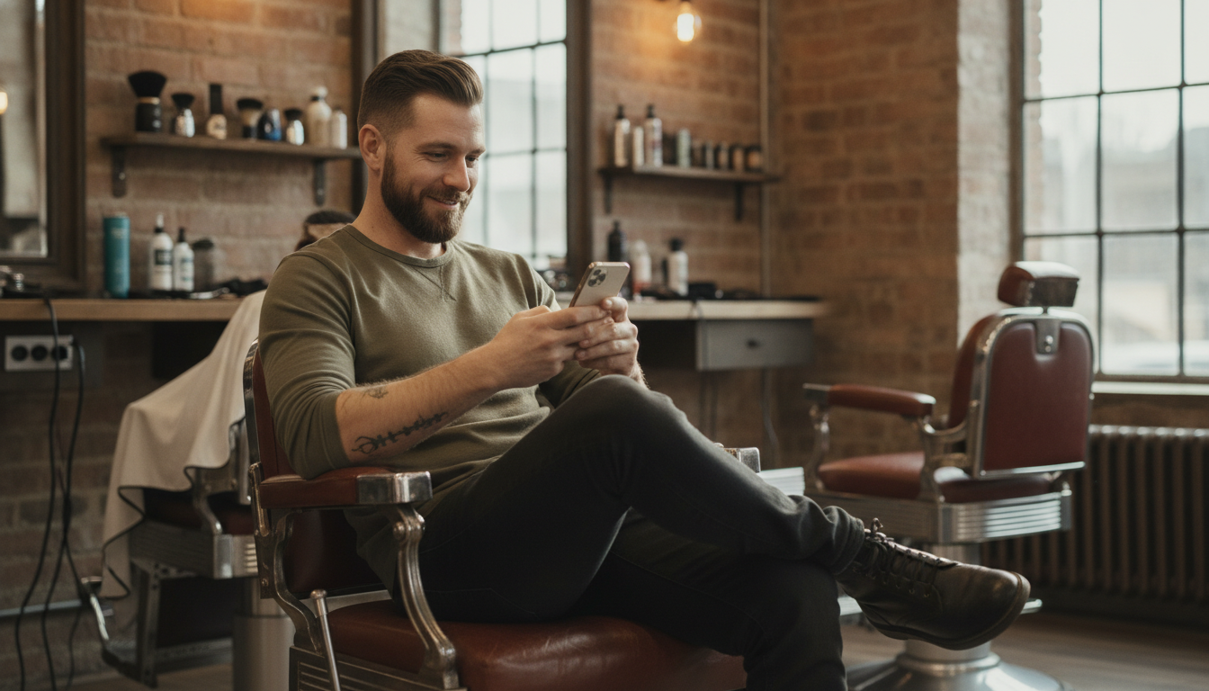 A barbershop owner checking his phone between clients in a well-lit urban barbershop