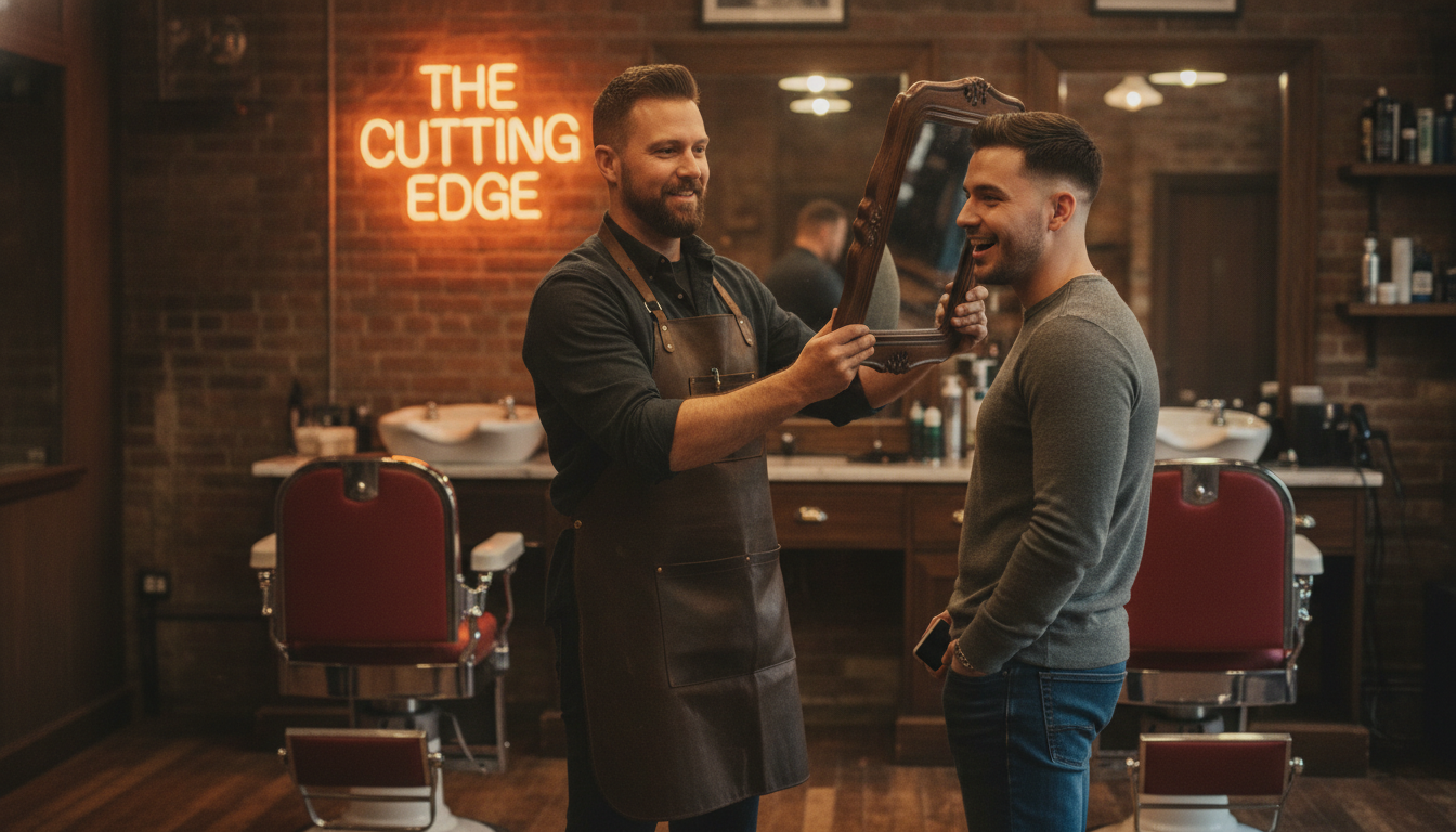 Barbershop owner showing a satisfied customer his fresh haircut, customer reaching for his phone to leave a review
