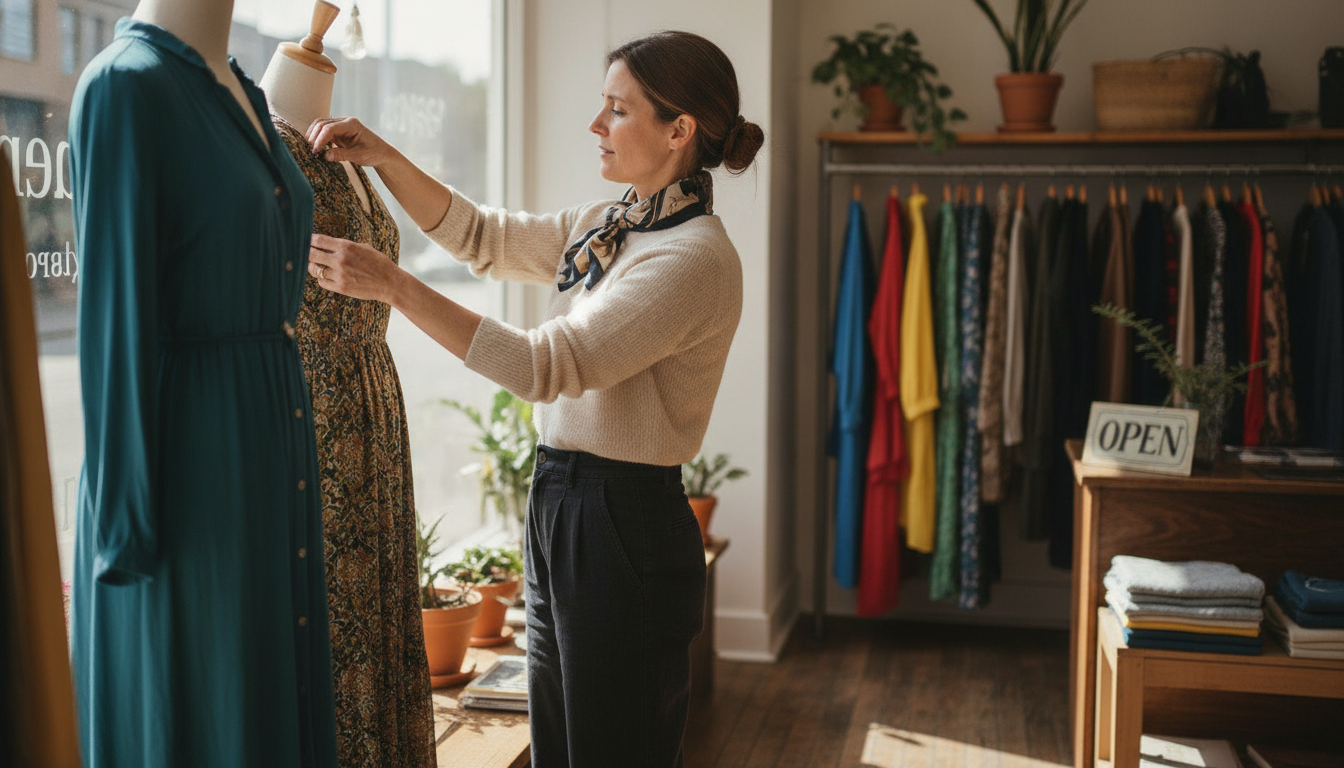 Independent boutique owner preparing her shop during a slow weekday afternoon shift