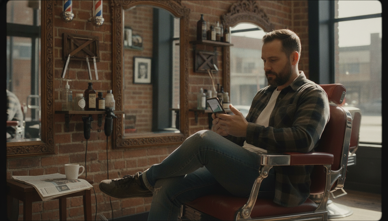 Barbershop owner reviewing customer visit patterns on his phone during a quiet afternoon