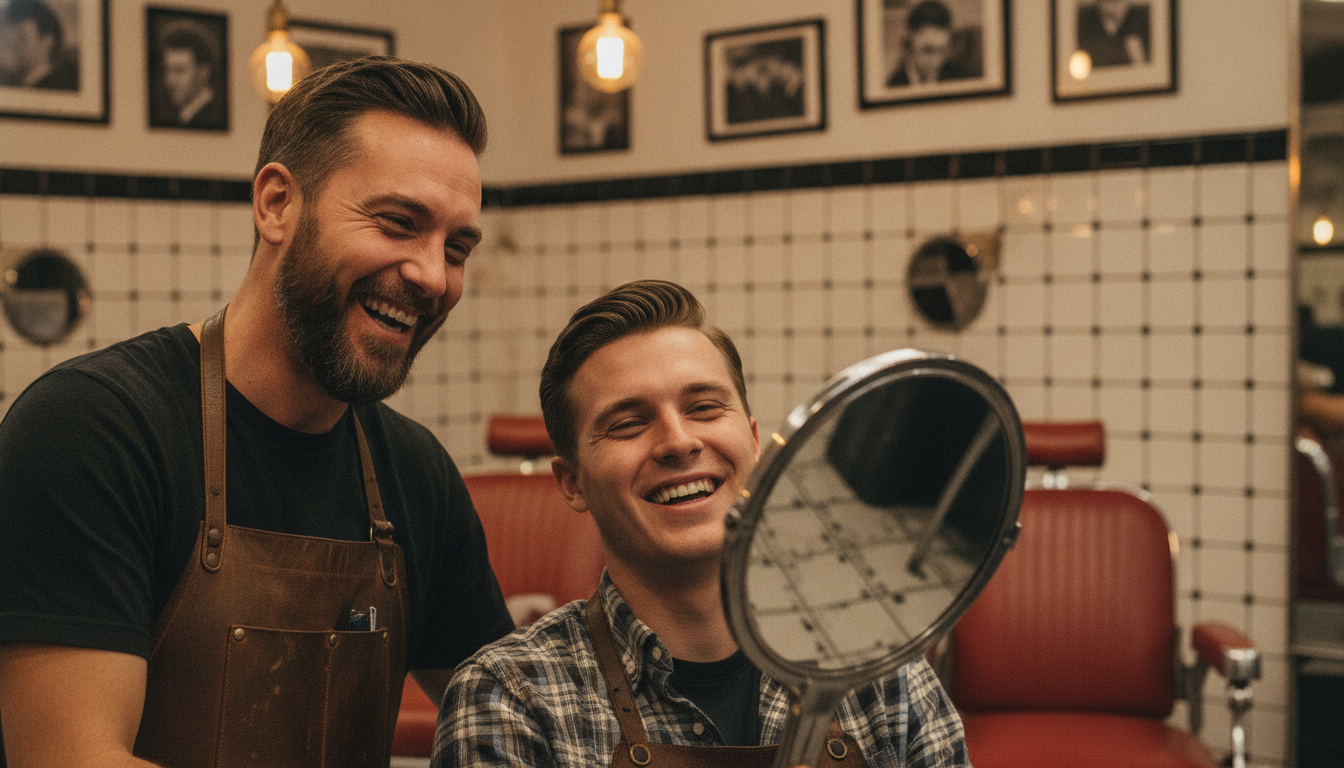 Barbershop owner showing a satisfied regular customer his fresh haircut in the mirror