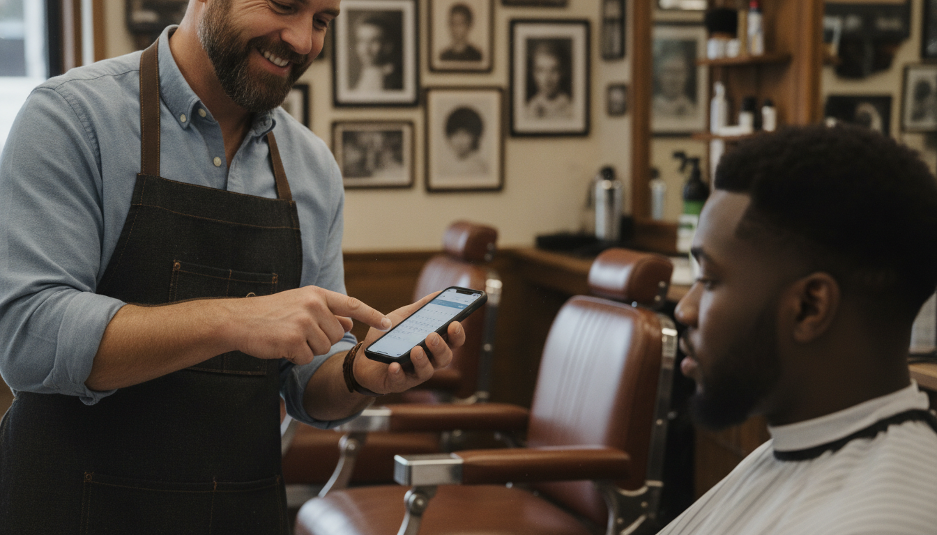 Barbershop owner showing a customer their next appointment booking on a smartphone