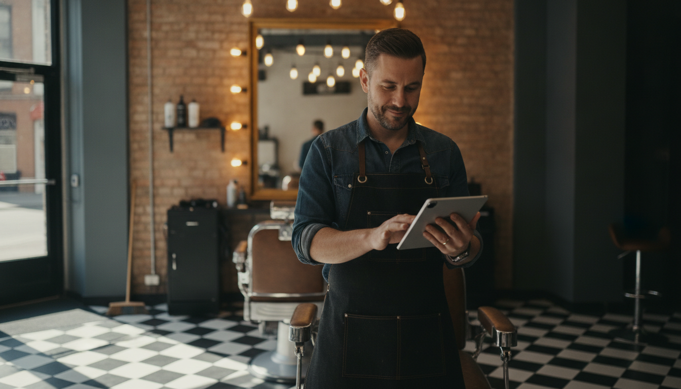Barbershop owner reviewing a seasonal content schedule on a tablet between appointments