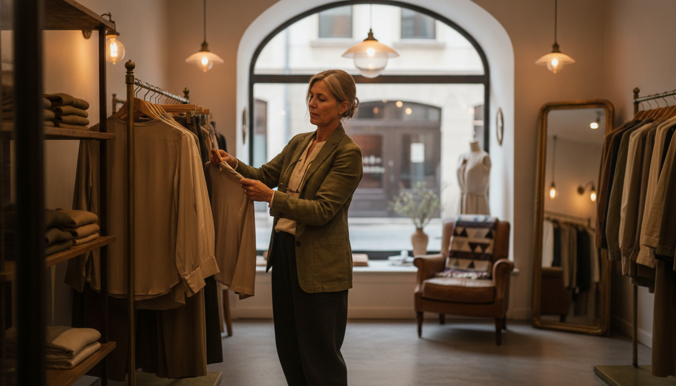 A boutique clothing store owner preparing a seasonal display ahead of a traditionally slow retail period