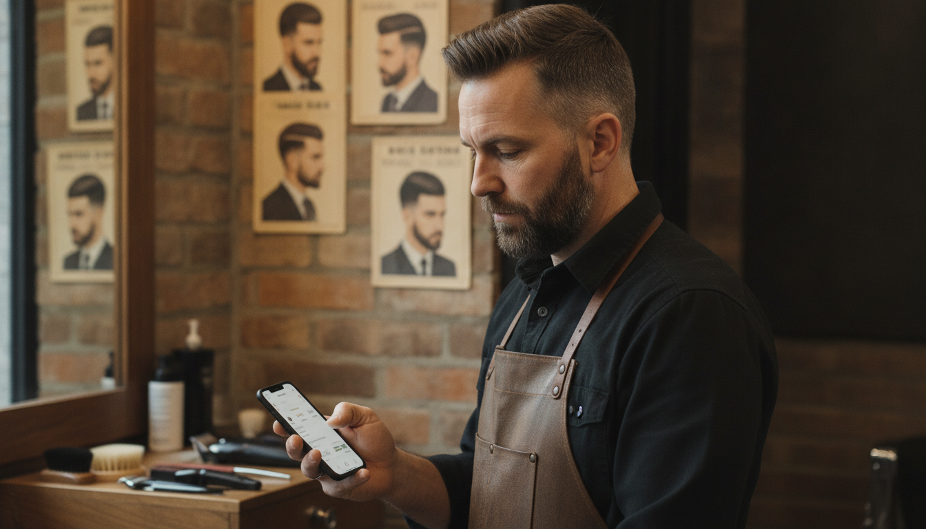 A barbershop owner reviewing his weekly content schedule between appointments