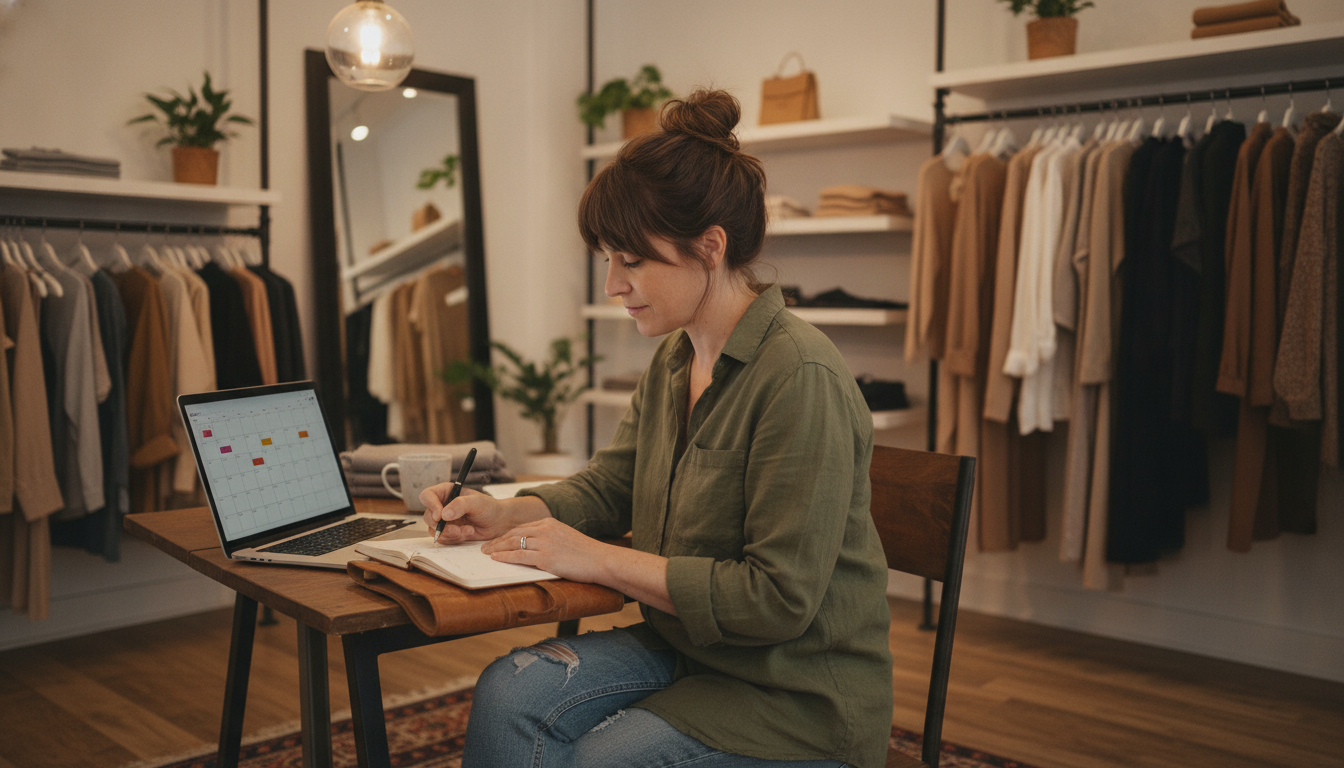 A boutique clothing store owner planning her monthly content priorities at her desk