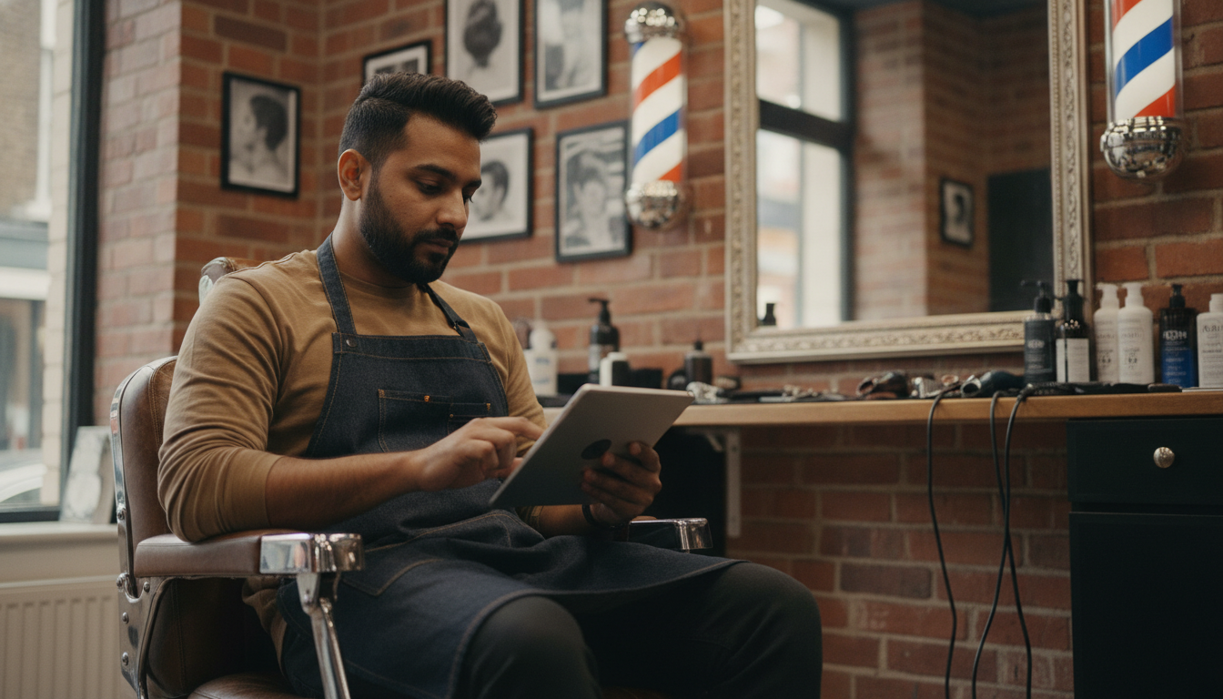 A barbershop owner updating his Google Business Profile on a tablet during a quiet mid-morning in his East London shop