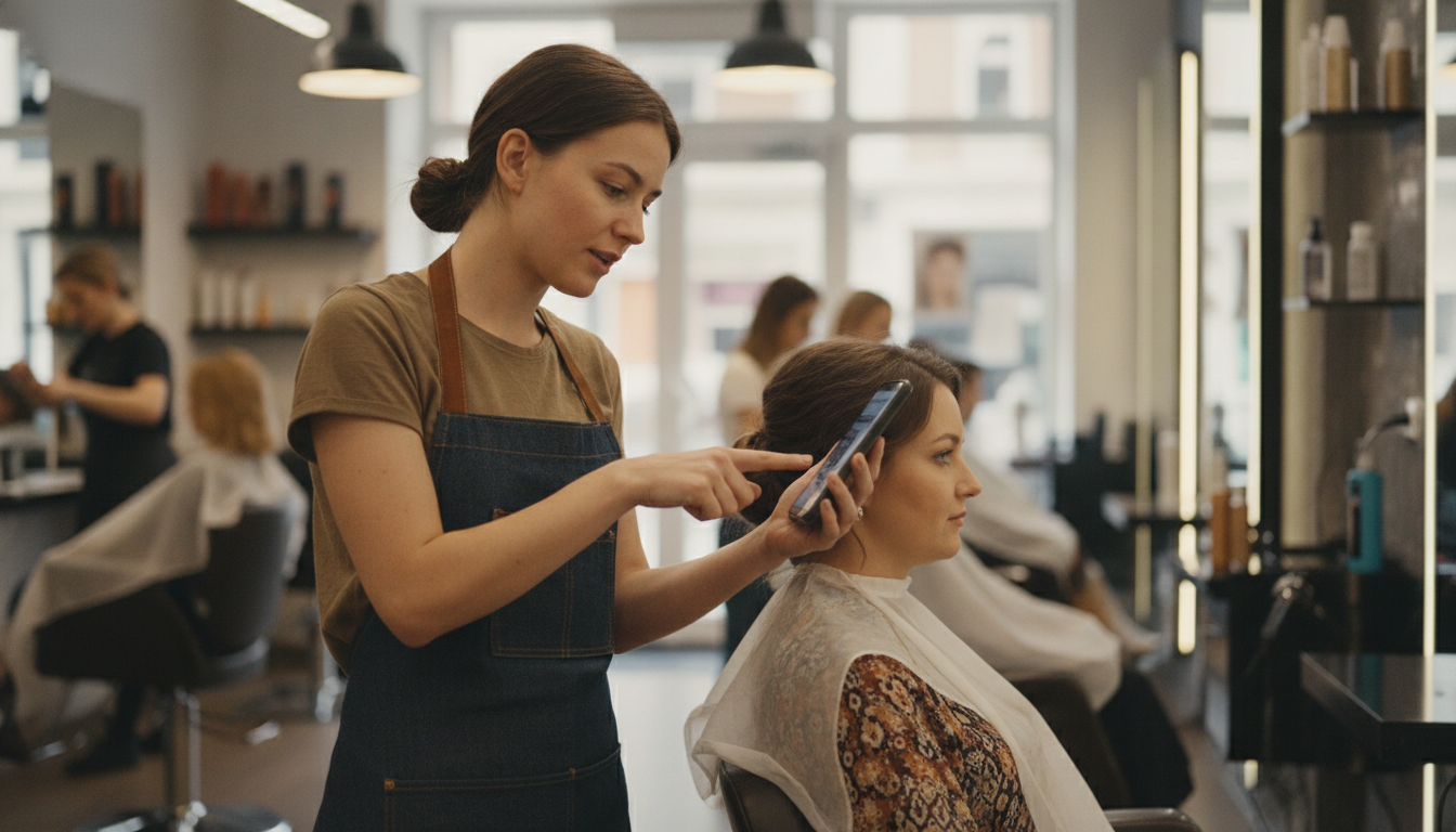 A hair salon owner reviewing her scheduled local campaign on her phone between client appointments