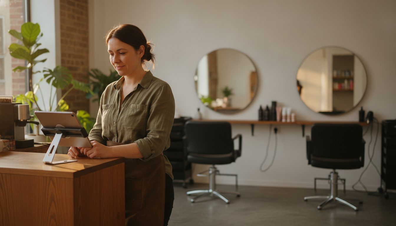 Hair salon owner checking campaign performance on a tablet at her salon reception desk