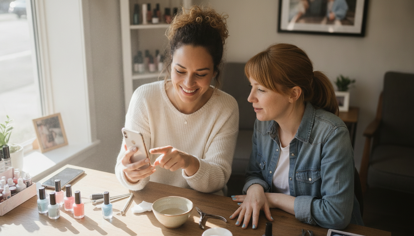 Two customers at an independent nail salon, one sharing a referral message on her phone