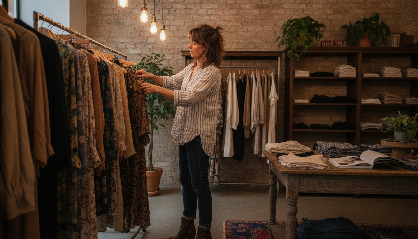A boutique clothing store owner organising stock in her shop