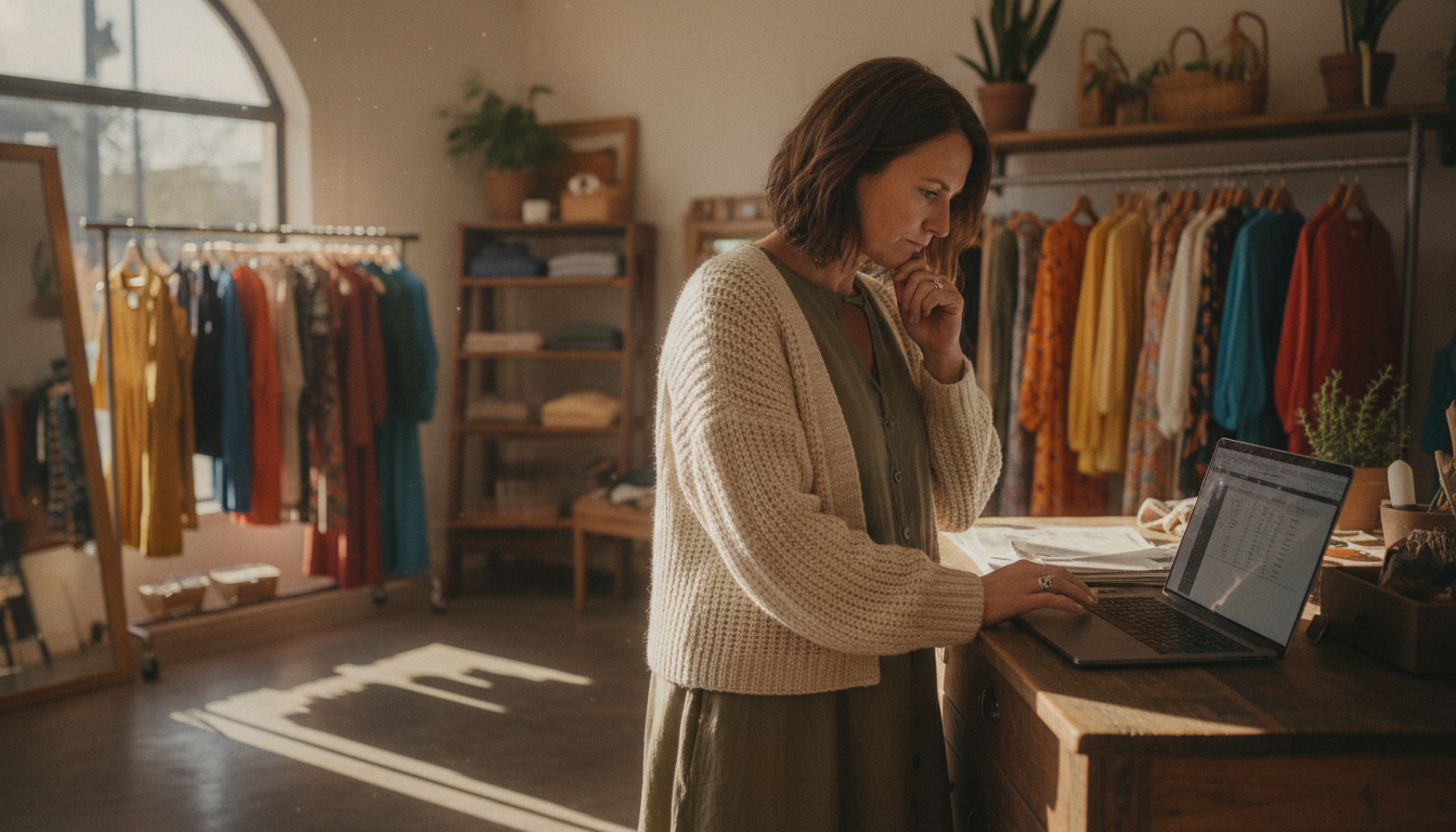 Boutique clothing store owner reviewing content on a laptop in her shop