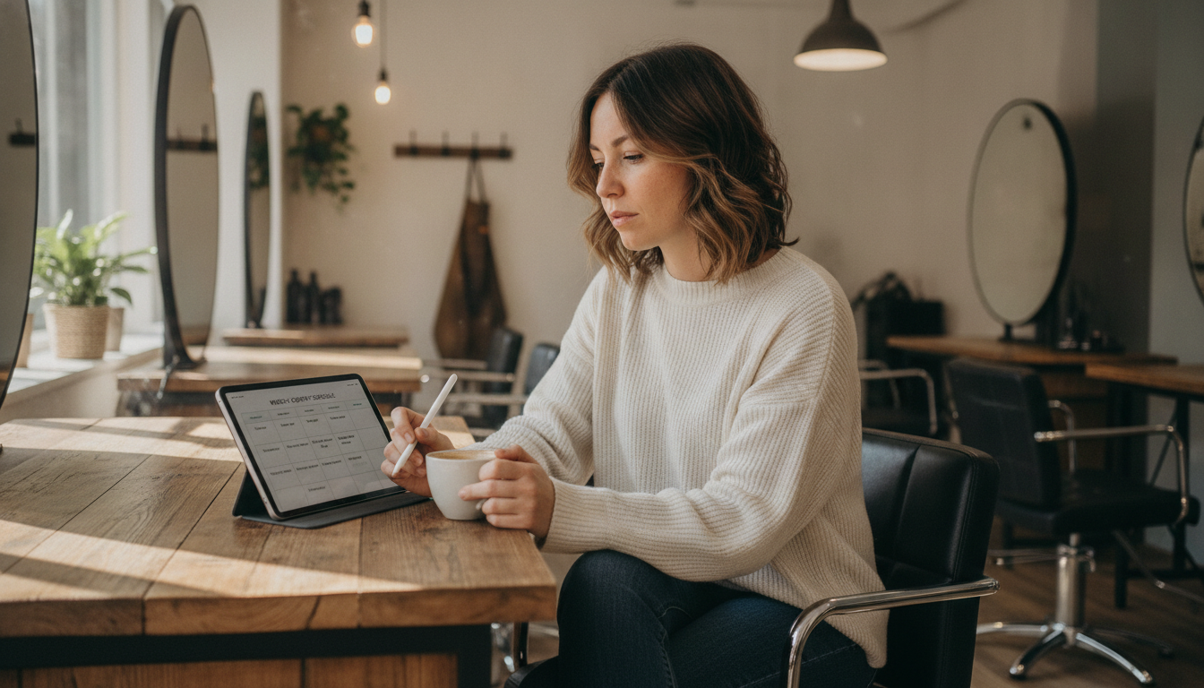 Hair salon owner reviewing her weekly marketing schedule on a tablet at the reception desk