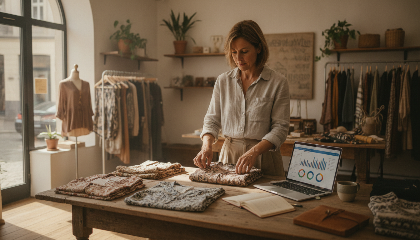 Boutique clothing store owner working in her shop with a marketing platform open on her laptop