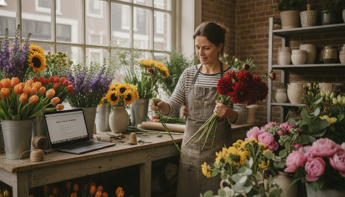 Florist shop owner working at her counter with a laptop nearby