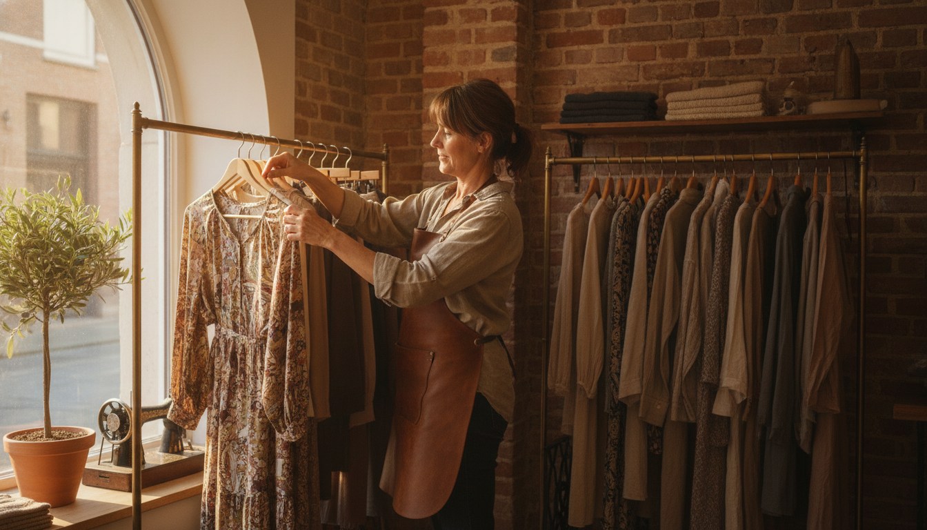 A boutique clothing store owner working in her shop during a quiet mid-week afternoon - the exact window that drives the highest organic reach for retail businesses