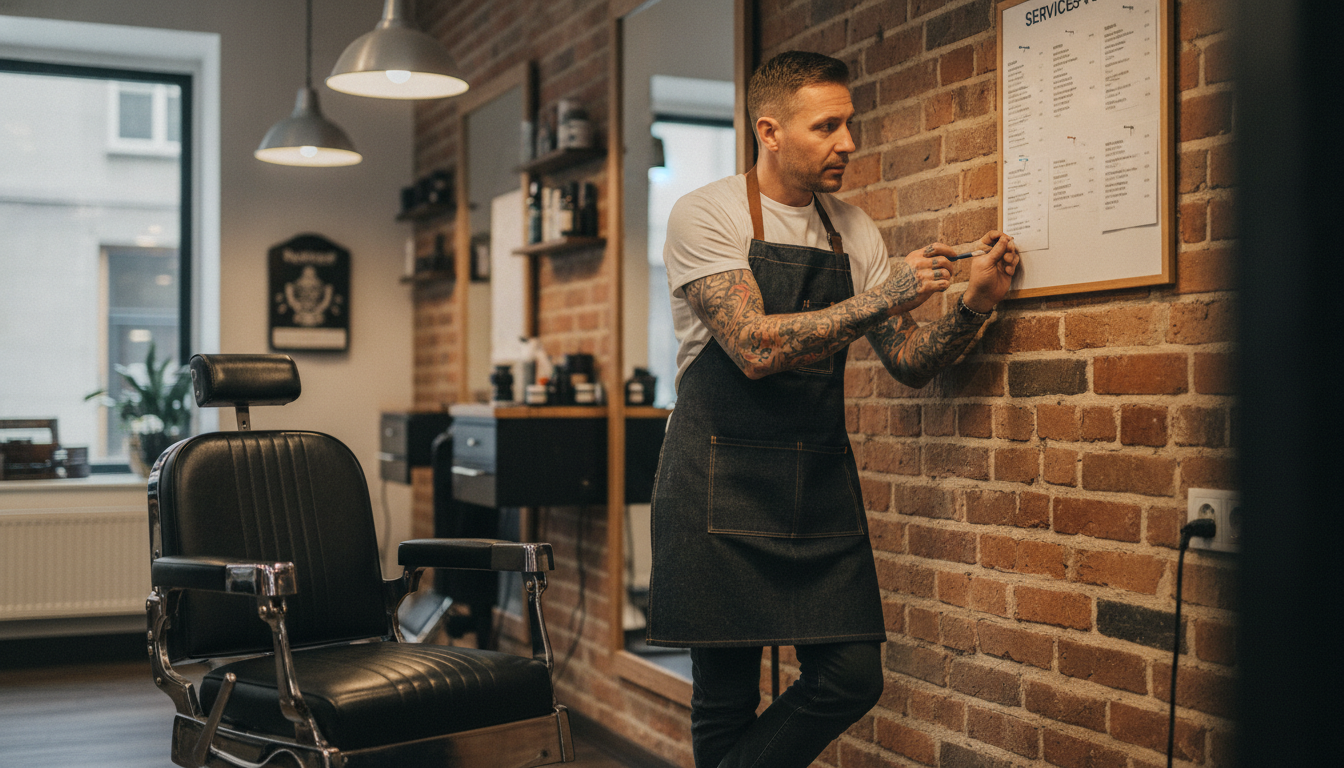 Barbershop owner reviewing his service menu as a content planning resource