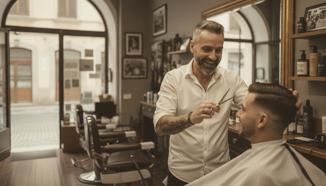 A barbershop owner and customer sharing a genuine moment after a great haircut - the kind of real detail that makes AI content come alive