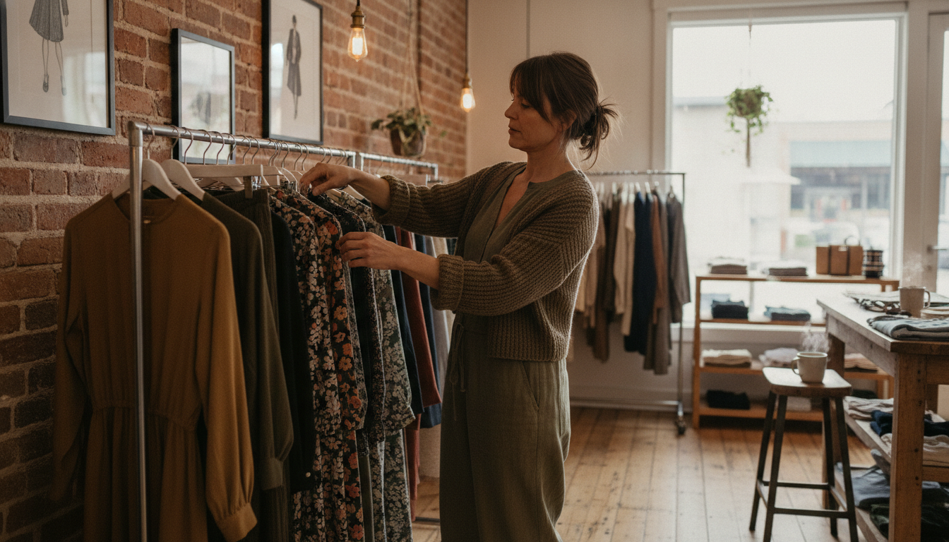Boutique clothing store owner using her quiet period to prepare for an upcoming seasonal push