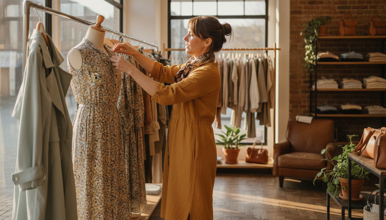 A boutique clothing shop owner arranging a spring window display ahead of a slow season