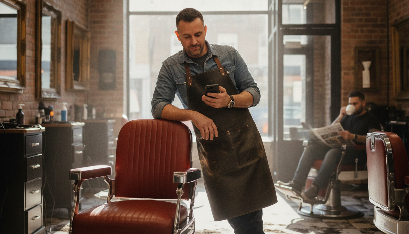 A barbershop owner during a quiet afternoon window, considering how to fill the dead slot in his schedule