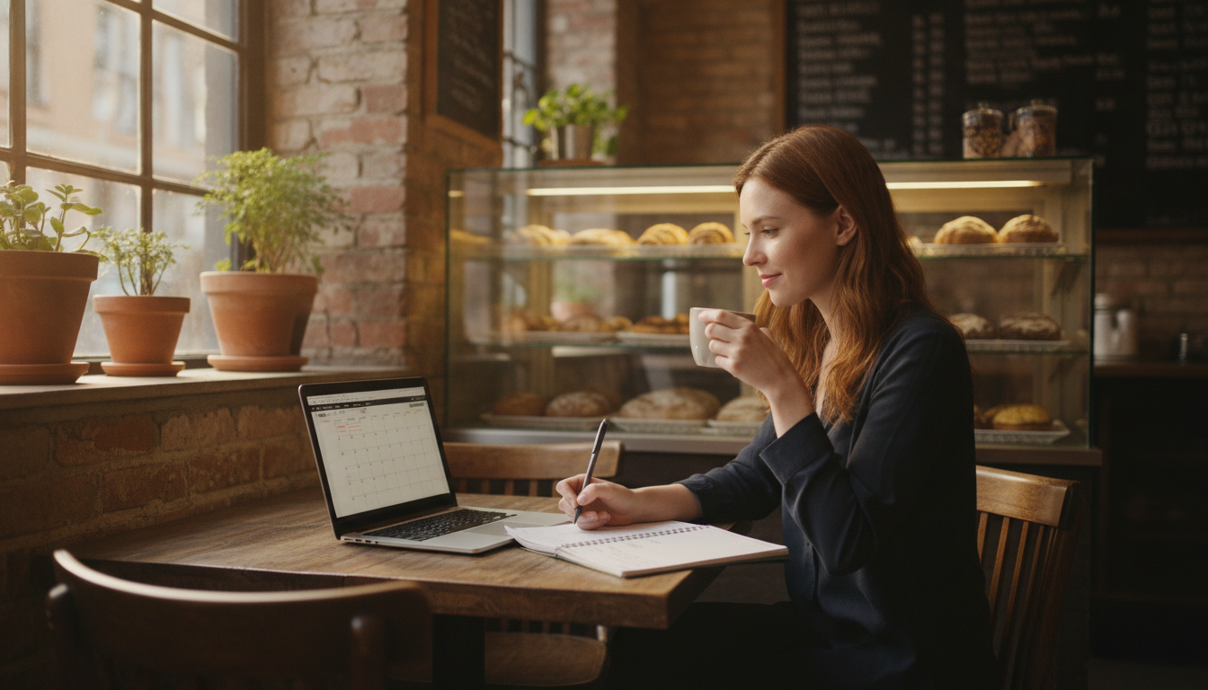 Bakery owner planning her weekly marketing content before the morning rush