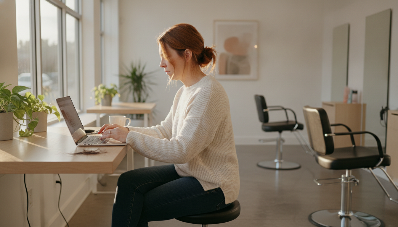 A hair salon owner reviewing customer data on her laptop during a quiet afternoon