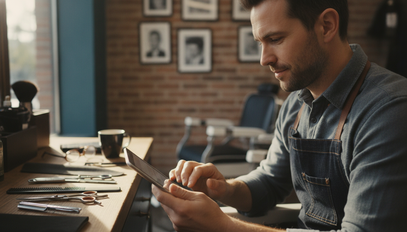 Barbershop owner reviewing customer visit data on a tablet during a quiet weekday morning