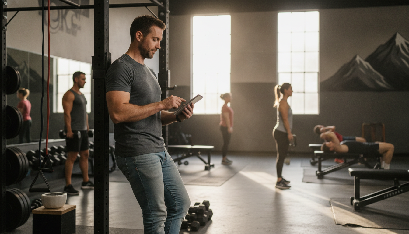 Independent gym owner reviewing social media content on a tablet inside his gym