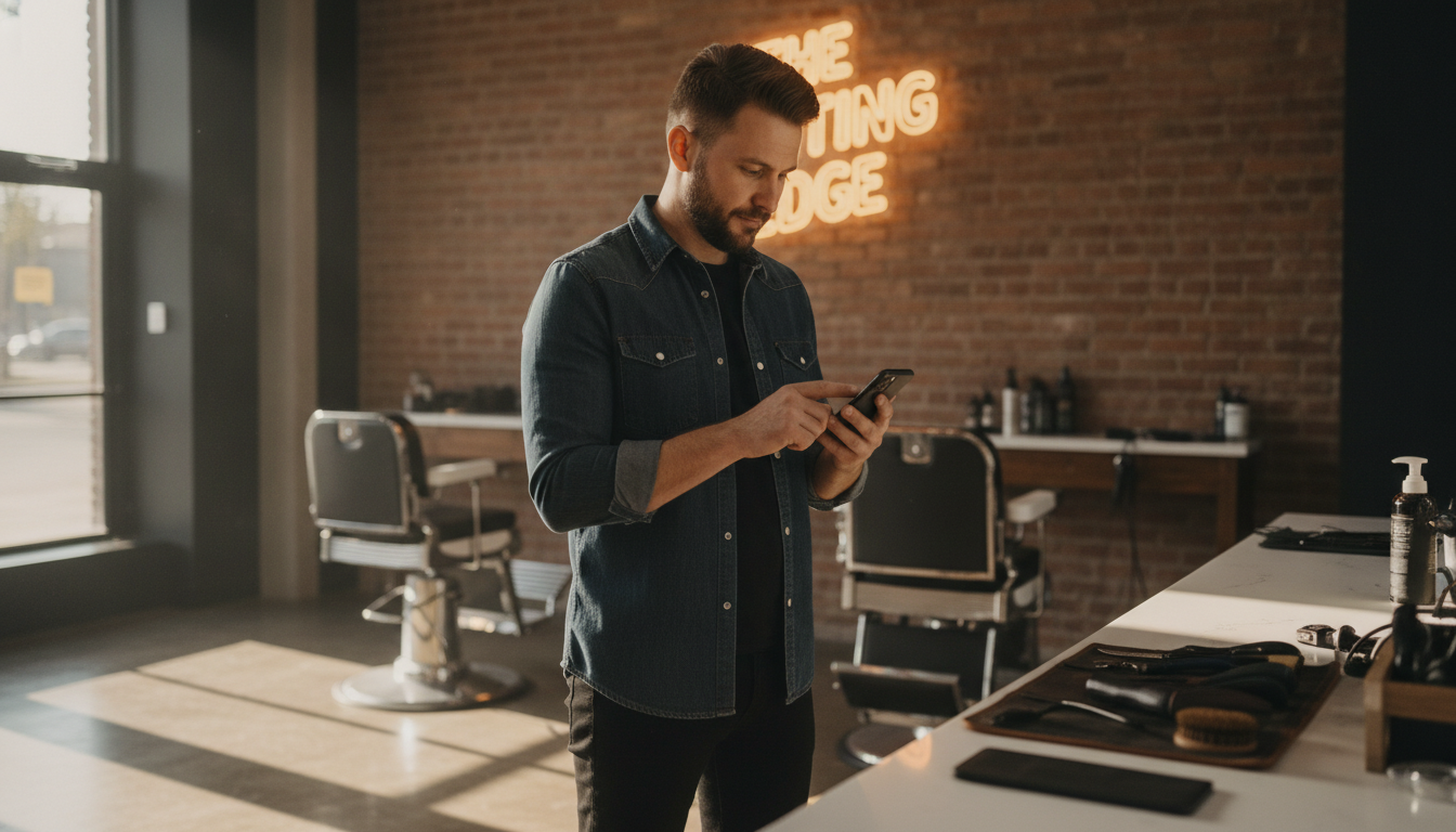 A barbershop owner updating his Google Business Profile on his phone between appointments