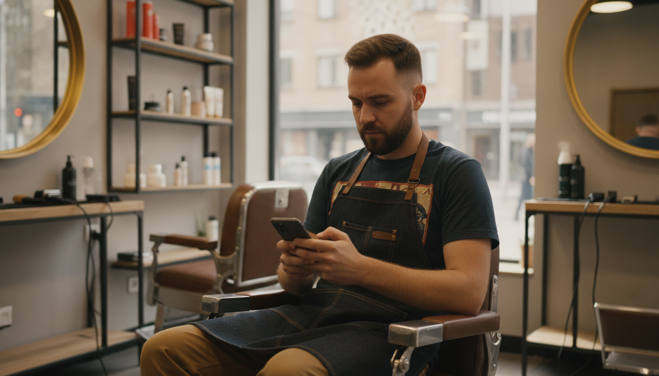 Barbershop owner reviewing his Google Business Profile on his phone between client appointments