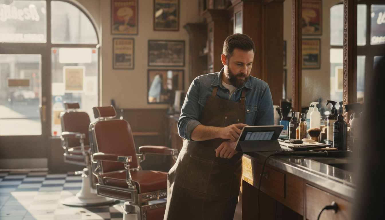 A barbershop owner reviewing customer data on a tablet between appointments