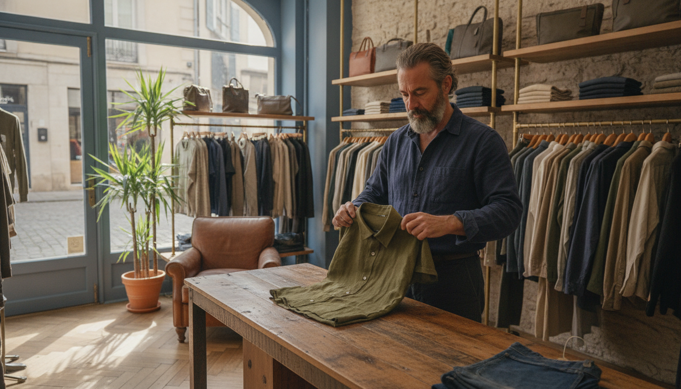 Boutique clothing store owner examining stock in his independent fashion shop