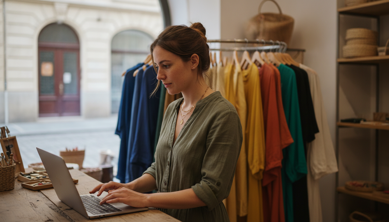 Boutique clothing store owner using an AI content tool on her laptop to refresh and reschedule her best-performing social media posts