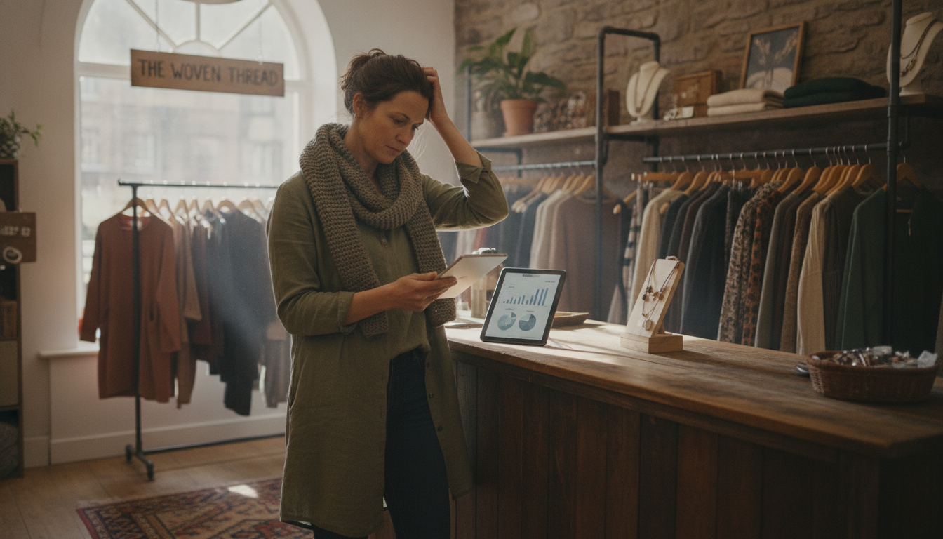 Boutique clothing store owner reviewing customer sales data on a tablet in her shop