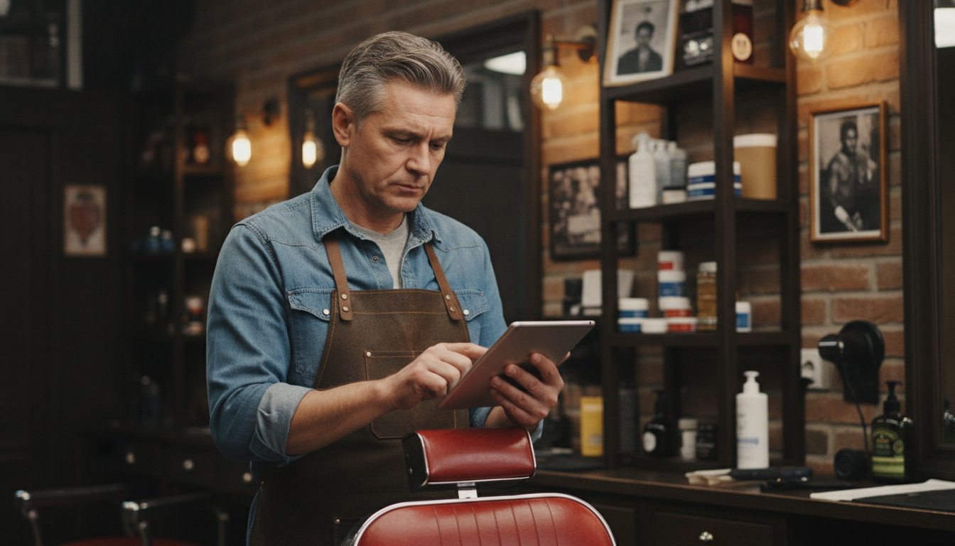 A barbershop owner reviewing his social media content performance on a tablet in his shop