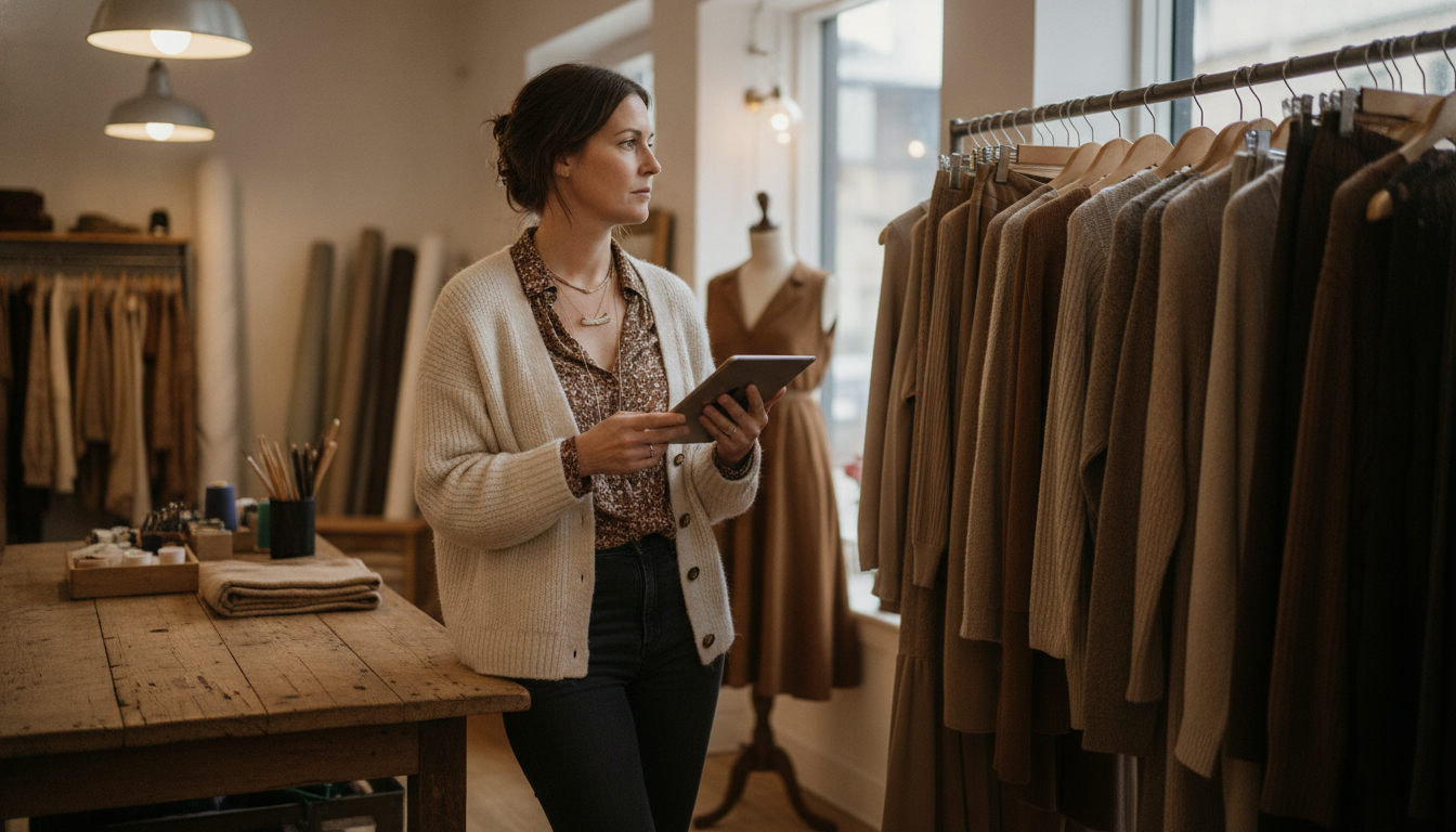 Boutique clothing store owner planning her next campaign while reviewing new seasonal stock