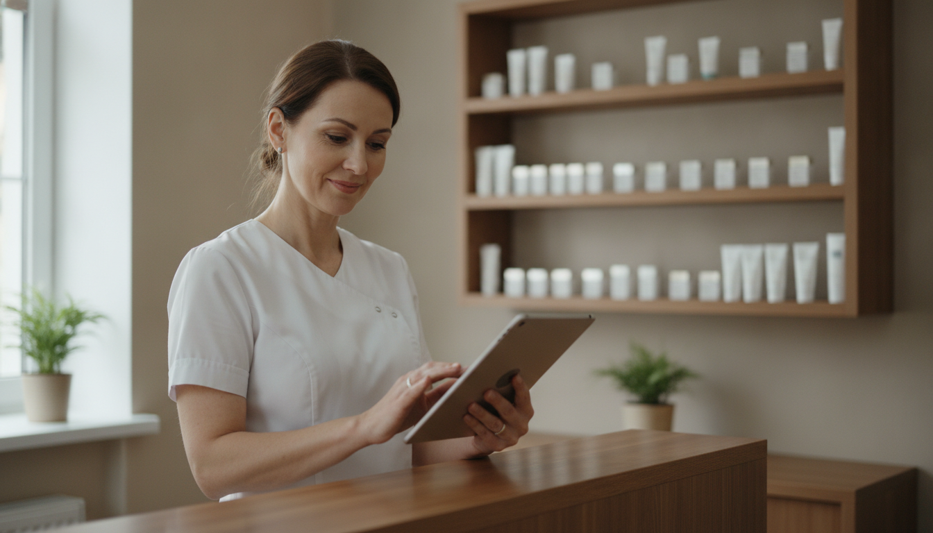 Skincare clinic owner reviewing her weekly marketing schedule on a tablet at the front desk