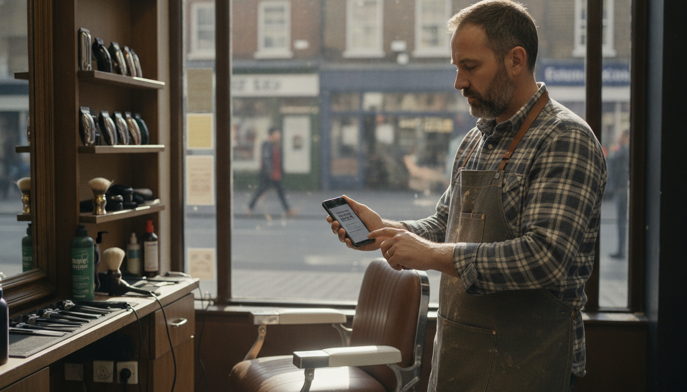 A barbershop owner reviewing a local ad campaign on his phone in his shop
