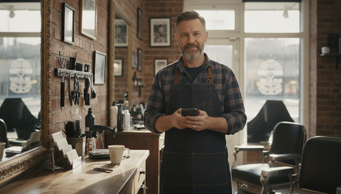 Barbershop owner scheduling his weekly social content before opening