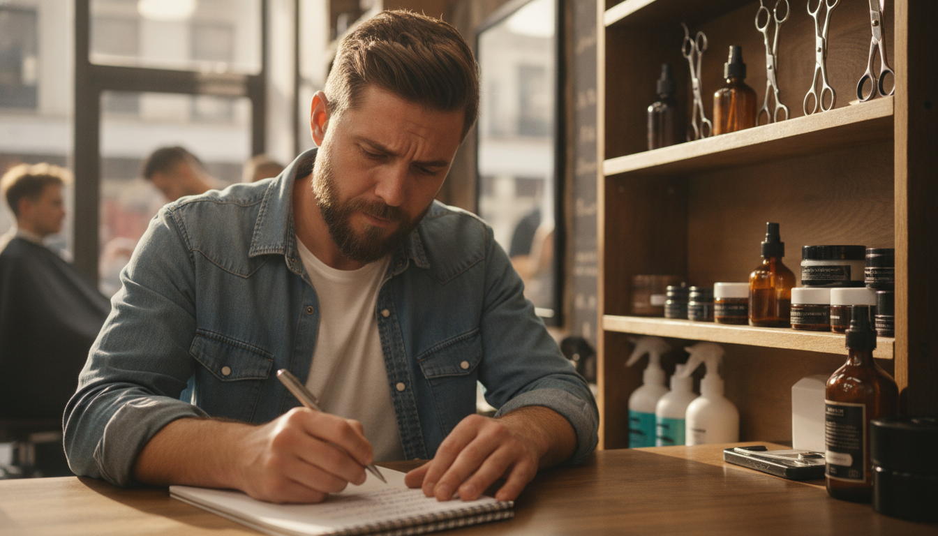 Barbershop owner designing a midweek offer at his reception desk