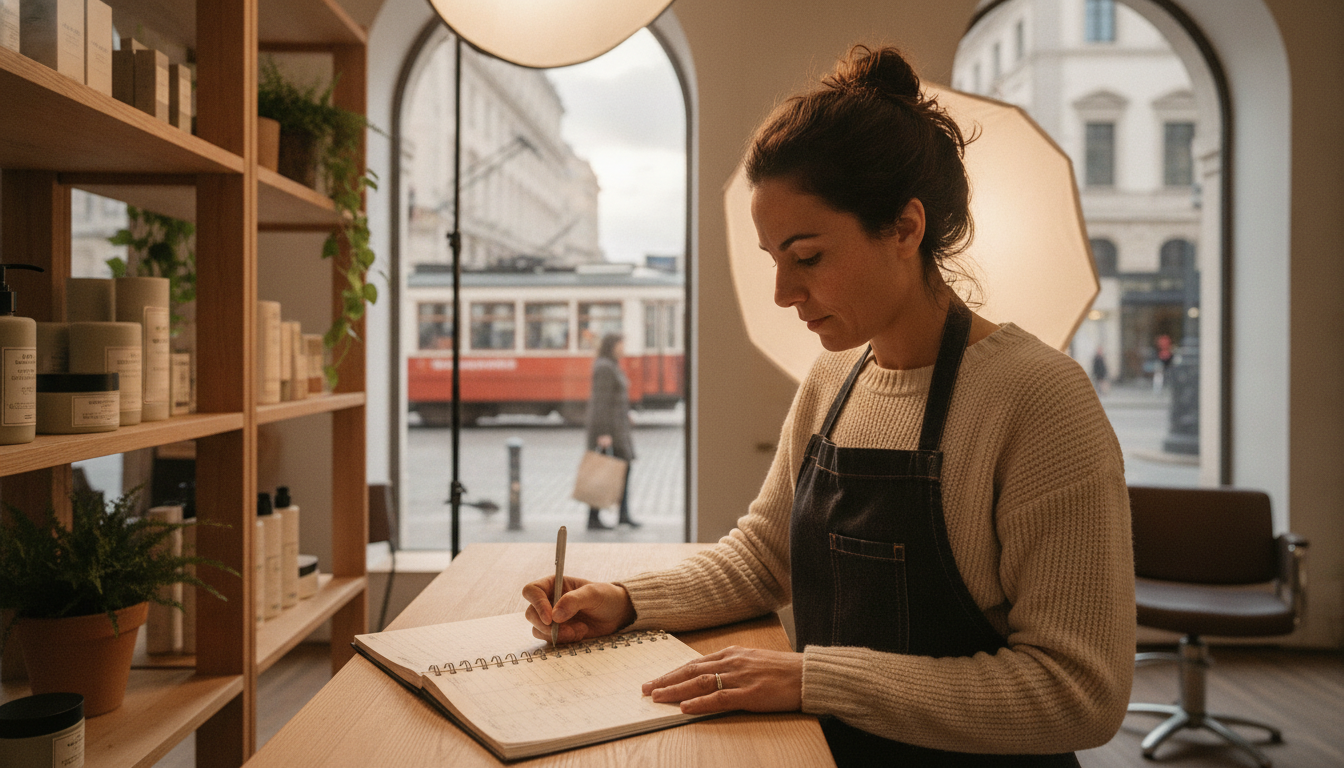 Hair salon owner planning her seasonal marketing calendar at the reception desk of her independent salon